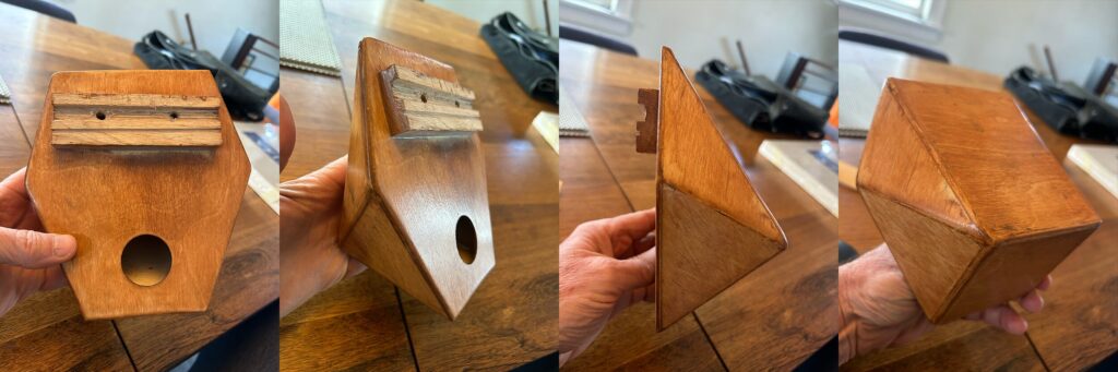 four photos from different angles of a sound box made of brown-varnished wood triangles.